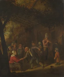 Bauern feiern vor einem Gasthaus